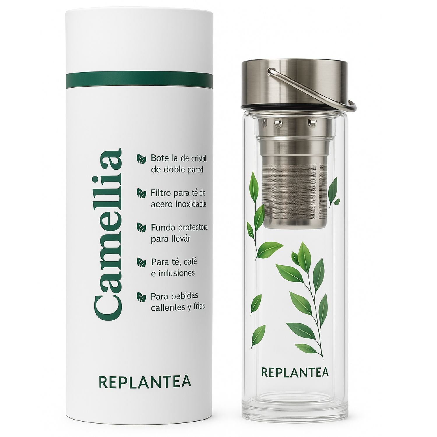 Frasco de vidro de parede dupla com filtro de aço inoxidável 400 ml Replantea