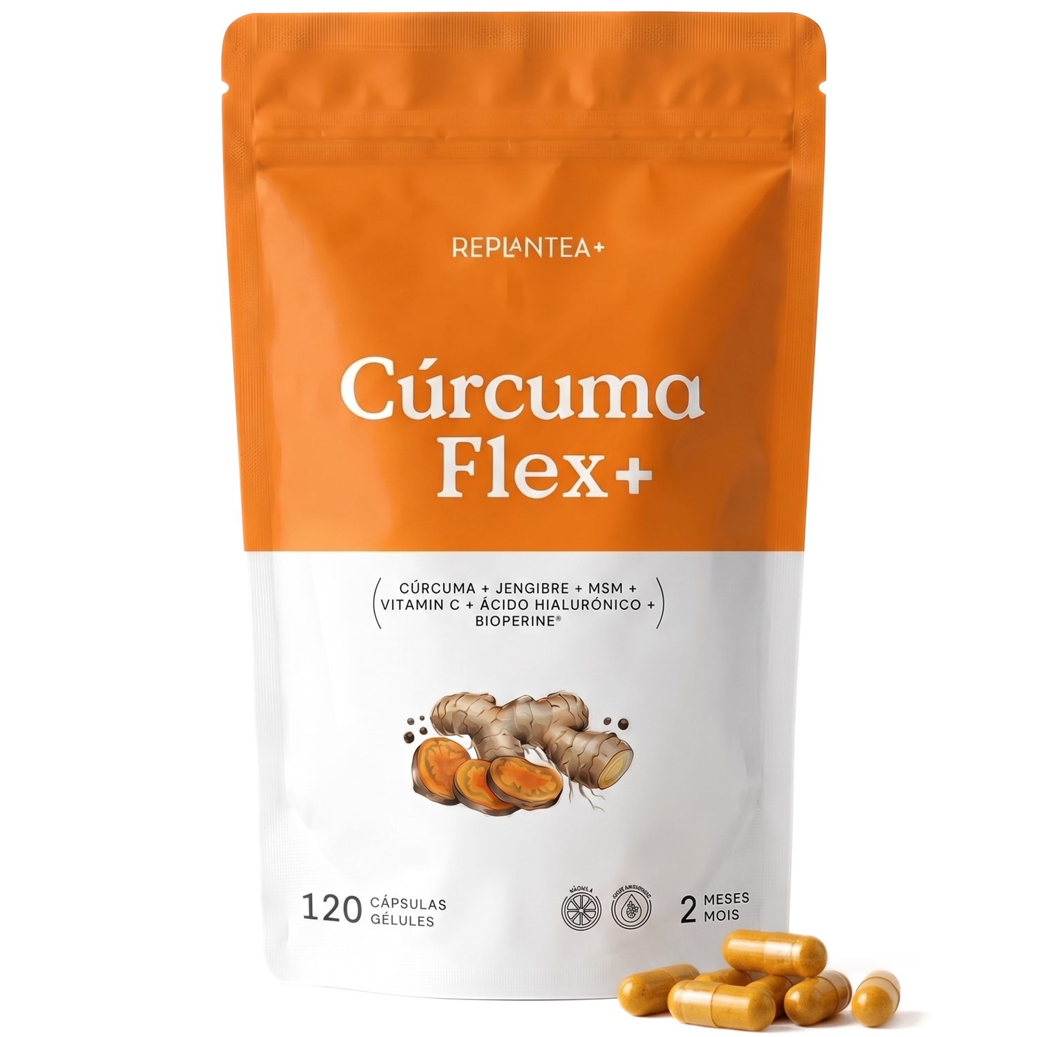 Cúrcuma Flex+ · Cúrcuma 50:1, Jengibre, MSM, Ácido Hialurónico y Vitamina C · 120 cápsulas veganas