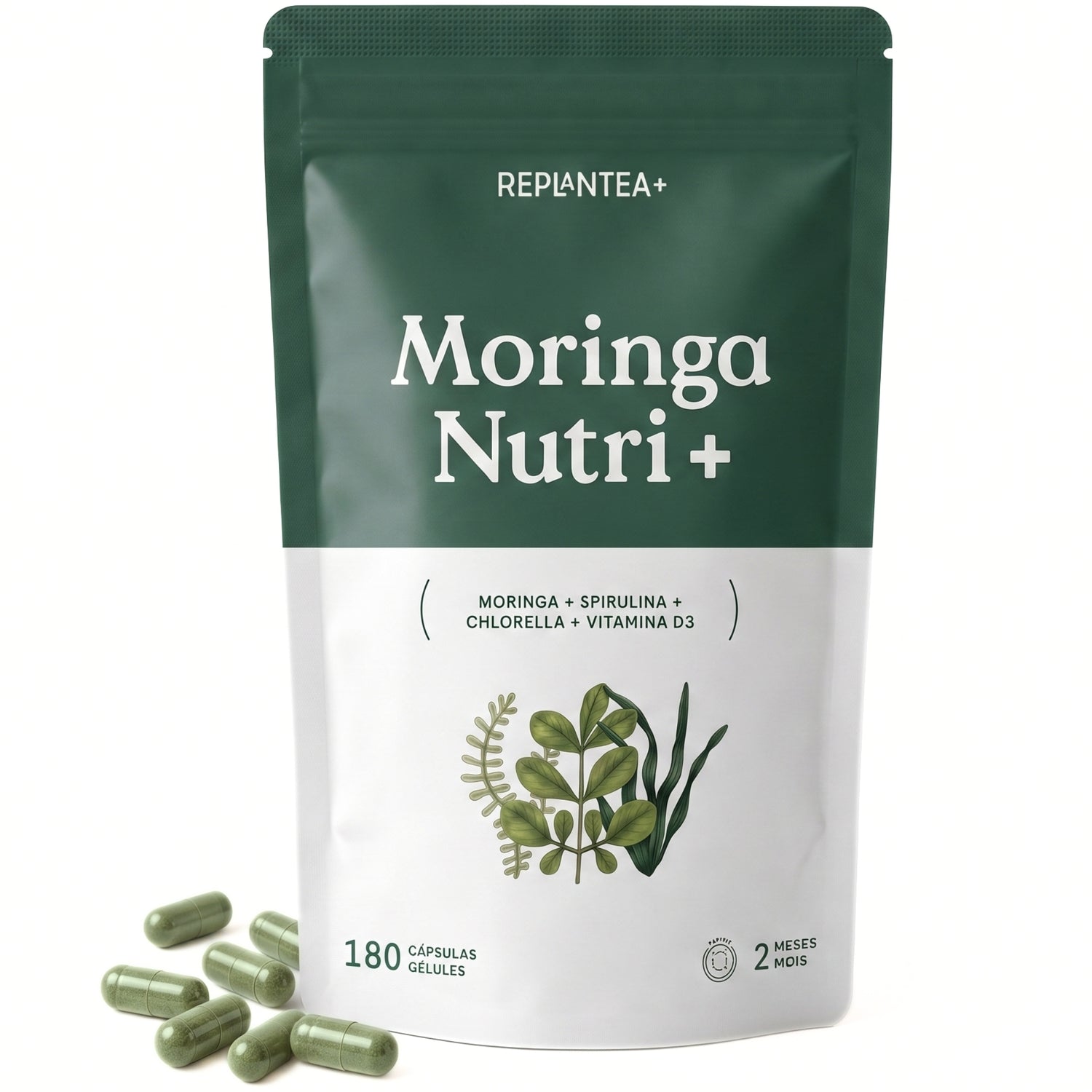 Moringa Nutri+ · Moringa, Espirulina y Chlorella ECO con Vitamina D3 · 180 cápsulas veganas