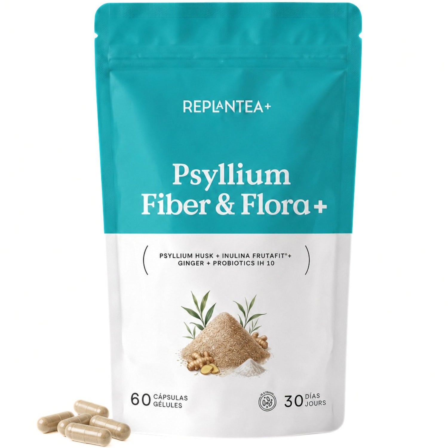 Psyllium Fiber & Flora+ · Psyllium ECO, Inulina Frutafit®, Jengibre y Probióticos IH10 (10 cepas) · 60 cápsulas veganas