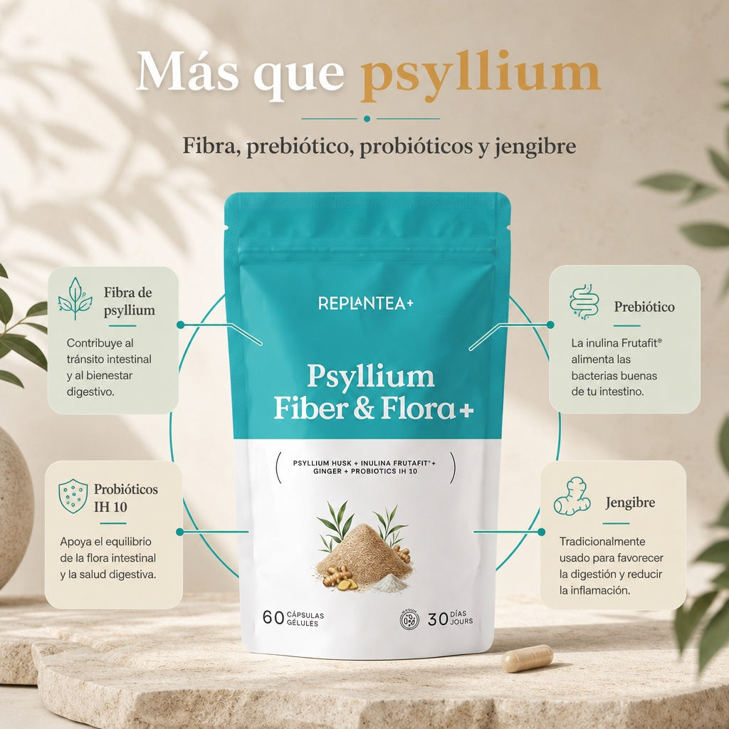 Psyllium Fiber & Flora+ · Psyllium ECO, Inulina Frutafit®, Jengibre y Probióticos IH10 (10 cepas) · 60 cápsulas veganas
