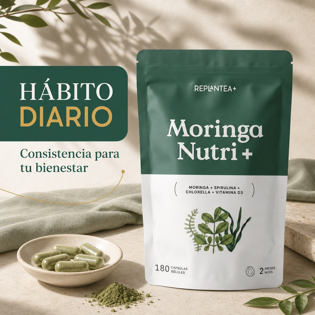Moringa Nutri+ · Moringa, Espirulina y Chlorella ECO con Vitamina D3 · 180 cápsulas veganas
