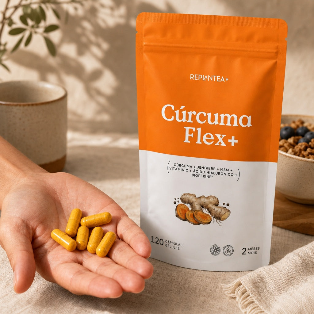 Cúrcuma Flex+ · Cúrcuma 50:1, Jengibre, MSM, Ácido Hialurónico y Vitamina C · 120 cápsulas veganas